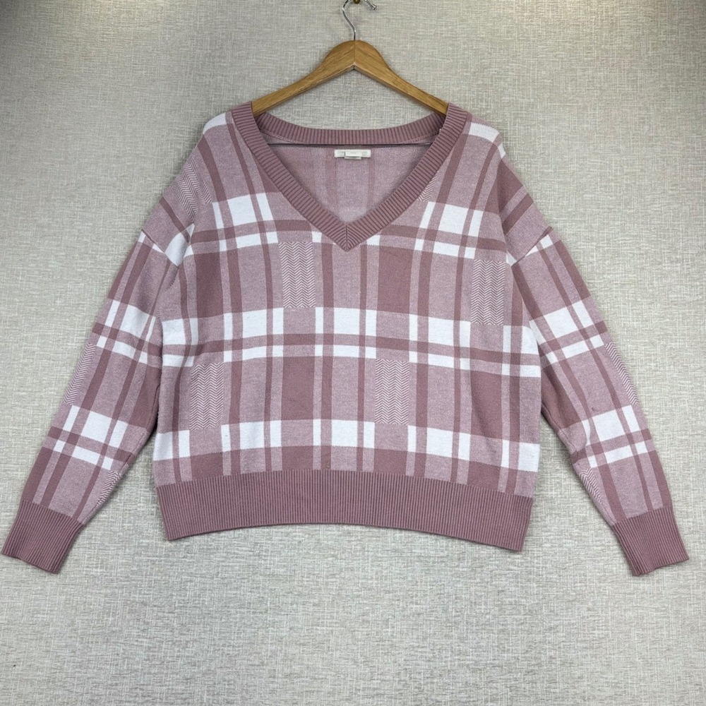Christian Siriano Mauve Pink Plaid V-Neck Sweater Womens XL Drop Shoulder